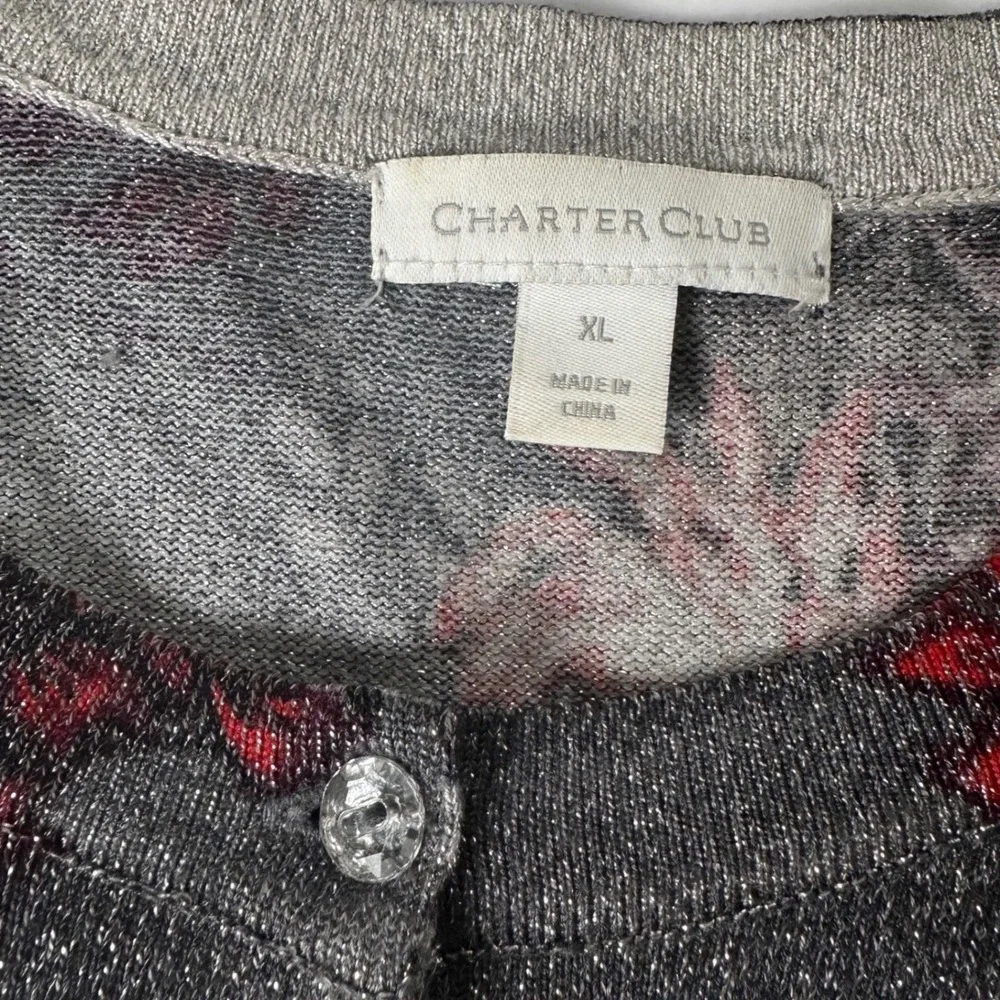 Charter Club Cardigan Women XL Grey Floral Metallic Shimmer Button Front Sweater